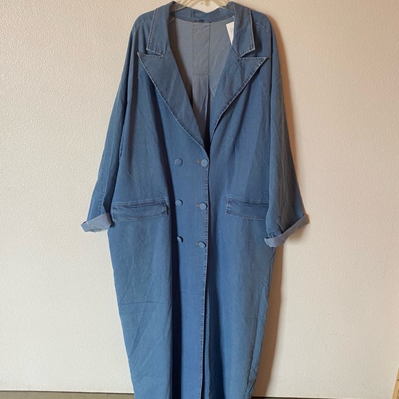 Blue Denim Maxi Trench Coat Jean Dress Jacket Womens Size 3X waist tie unbranded - Picture 2 of 12